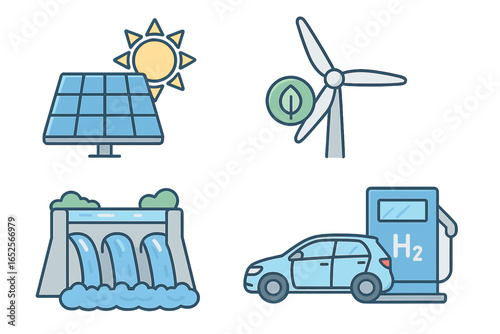 Renewable energy vector icon set. Solar panel, wind turbine, hydroelectric dam, hydrogen fuel car. Green power, sustainable technology, clean alternative sources illustration.