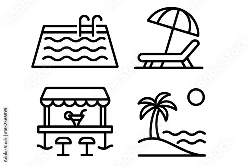 Luxury Resort Icons Outline Set of Paradise Vacation Elements Including Infinity Pool, Sun Lounger with Umbrella, Swim-Up Bar, Tropical Beach with Palm Tree and Ocean Waves Vector Illustration
