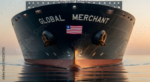 Bow of a Large Container Ship 'Global Merchant' with Liberian Flag Sailing on Calm Waters at Sunset