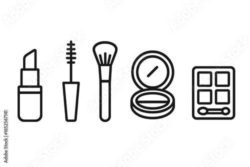 Makeup Icon Set, Outline Vector of Beauty Essentials Including Lipstick, Mascara, Makeup Brush, Compact Powder, and Eyeshadow Palette Illustration on Transparent Background