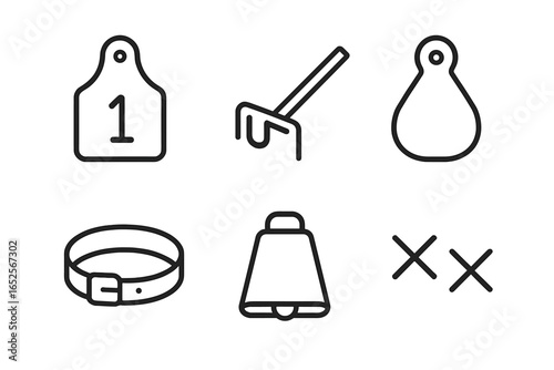 Livestock identification tools icon set. Vector line art collection of farm animal management symbols. Includes ear tag, branding iron, cowbell, collar, and tattoo mark.