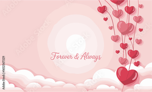 Pink hearts floating on a light pink background with clouds and text love valentine