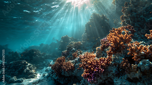 Clear Blue Ocean Light Beams Over Coral – High-Resolution Wallpaper