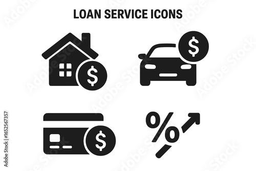 Loan and credit service solid glyph icons. Mortgage, auto loan, credit card debt, and interest rate increase vector symbols. Finance, banking, investment pictogram set.