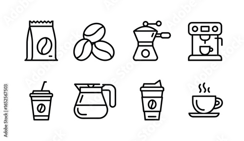 Set of eight minimalist black and white coffee icons coffee bag coffee beans