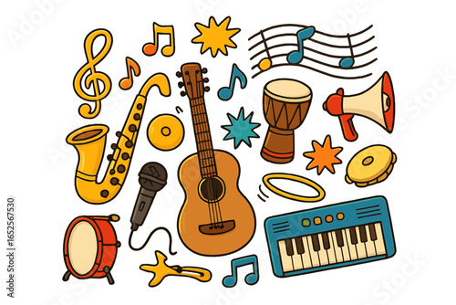 Musical instruments cartoon doodle set. Vector illustration collection with guitar, sax, keyboard, drum. Music icons for concert, festival, or band. Isolated design elements.