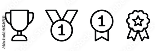 Set of four black and white line art icons representing awards and achievements trophy medal