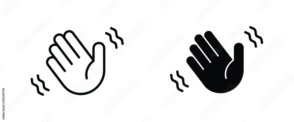 Black and white icon of a waving hand with wavy lines symbol greeting Black and white icon of a waving hand with wavy lines symbol greeting