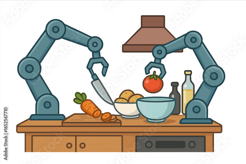 Robotic arms preparing food in a kitchen setting. Automation in cooking processes, future of food concept. AI robot chef slicing carrot. Smart culinary technology vector.