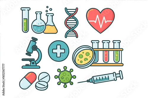 Science and medicine icon set. Vector illustration of lab research, DNA, microbiology, pharmacy symbols. Healthcare, biotechnology, virology, and chemistry concepts.