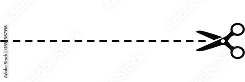 Black scissors cutting a dashed line on a white background cut out isolated