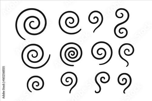 Set of hand-drawn spiral and swirl shapes. Collection of minimalist doodle line art icons. Abstract vector design elements with smooth curves, twirls, and hypnotic vortex forms.