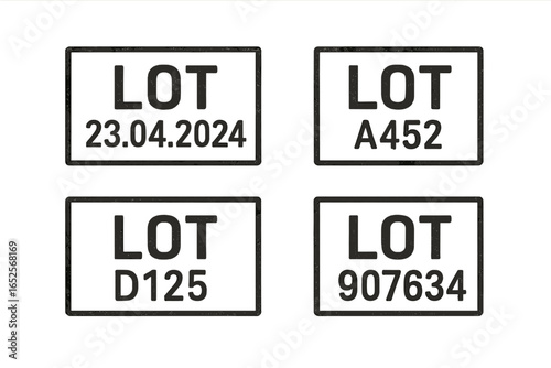 Lot number stamp for product packaging. Batch code marking icon set. Production date and series. Quality control symbol. Industrial manufacturing label. Product tracking seal.