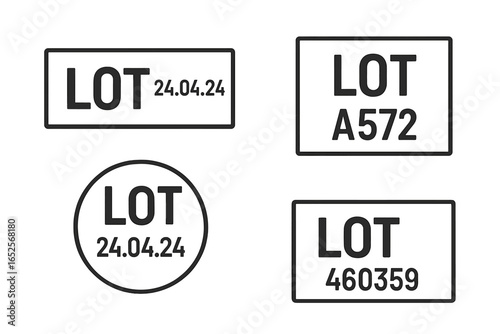 Lot number stamp for product packaging. Batch code and production date marking. Manufacturing series label for product identification. Vector icon set for industrial tracking.