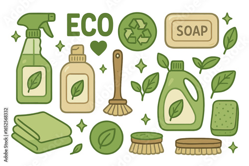Eco friendly cleaning supplies products vector icon set. Green household cleaners, soap, detergent, brush for sustainable lifestyle. Zero waste home cartoon illustration.