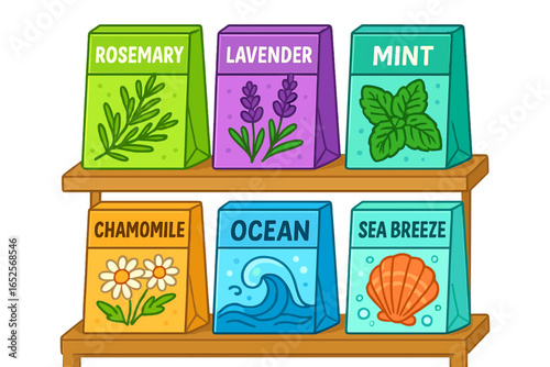 Scented aroma bags collection. Herbal and ocean fragrance packs for aromatherapy. Lavender, mint, chamomile, rosemary. Vector cartoon illustration for shop display set.