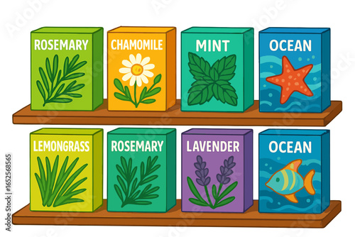 Set of scented product boxes on shelves. Colorful vector cartoon illustration of packaging design for herbal and ocean fragrances like lavender, mint, chamomile, and rosemary.