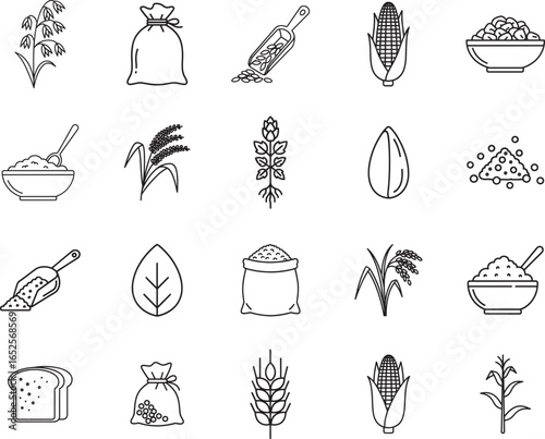Grains and Cereals Line Art Vector Icon Set