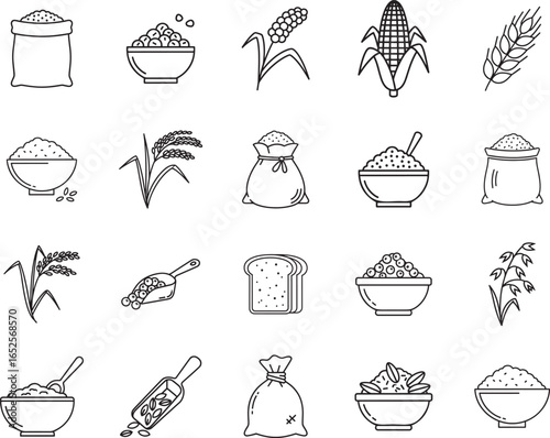Grains and Cereals Line Art Vector Icon Set