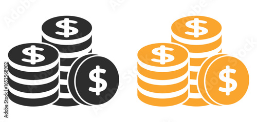 Two stacks of coins with dollar signs on a white background money currency