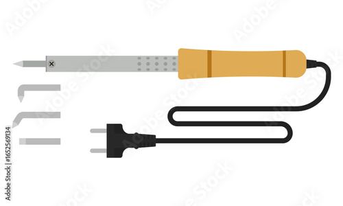 Soldering iron tool with interchangeable tips and wooden handle. Flat vector illustration for electronics tutorials, DIY repair guides, and technical documentation