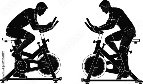Silhouettes of men on exercise bikes, indoor cycling posture, cardio workout, fitness training, stationary bike vector, black and white illustration
