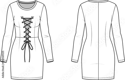 Fashion dress flat sketch, long sleeve mini dress, lace up front design, women apparel template, vector illustration, clothing technical drawing