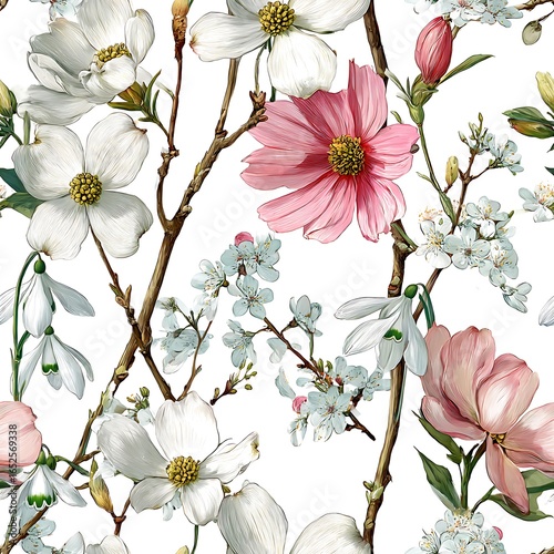 Elegant floral pattern with pink cosmos, dogwood and snowdrop flowers image photo