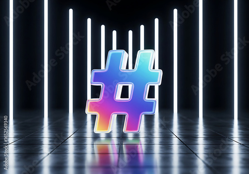 A vibrant hashtag symbol glows with neon light on a reflective surface, surrounded by vertical light bars