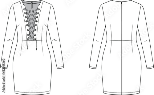 Fashion women long sleeve dress flat sketch, lace up front design, modern bodycon clothing template, elegant garment illustration, stylish apparel drawing