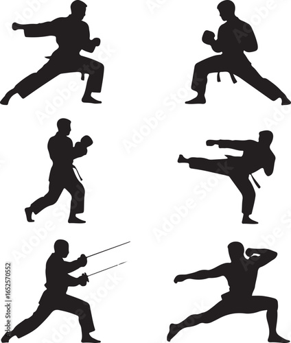 Silhouette Collection Of Martial Arts Fighters In Action Poses With Fencing Swords karate kung fu