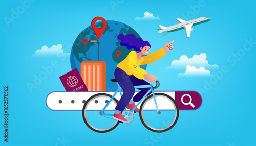 A woman plans her next adventure and holiday online. This vector illustration represents a travel search engine, tourism, and booking flights or tours.
