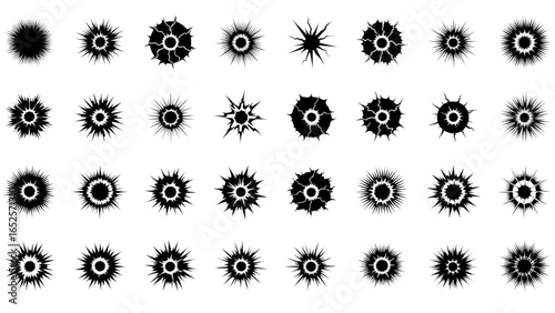 Explosion, Crack, and Bullet Hole Silhouette Vector Set – Damaged Glass, Shattered Impact, and Burst Effects for Comic Books, Gaming, Digital Art, and Action Themes
