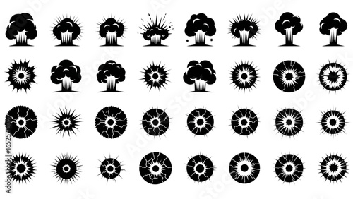 Explosion, Crack, and Bullet Hole Silhouette Vector Set – Damaged Glass, Shattered Impact, and Burst Effects for Comic Books, Gaming, Digital Art, and Action Themes
