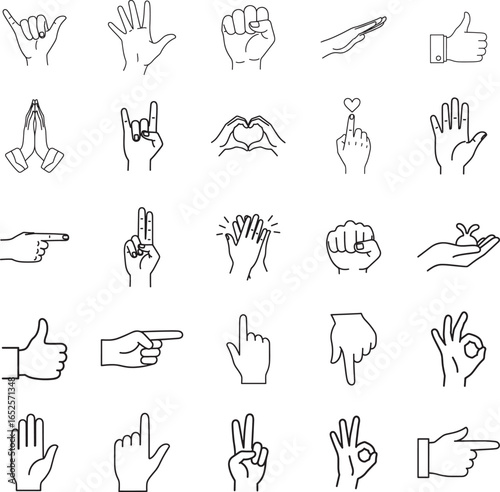 Hand Gestures Communication Line Art Icon Set