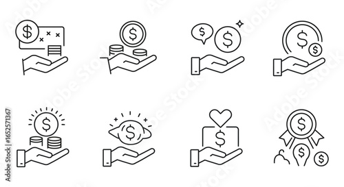 Line Art Icons of Hand Holding Money Representing Financial Support and Investment