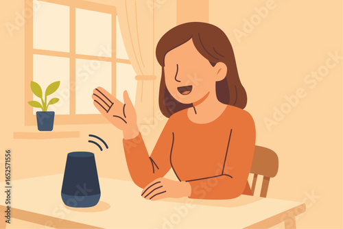 Young woman in the kitchen taking with an AI device.