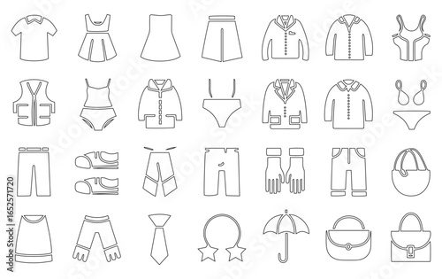 Line art illustration of assorted clothing and accessories. Includes shirts, dresses, shorts, outerwear, swimsuits, shoes, gloves, ties, and bags arranged in rows.