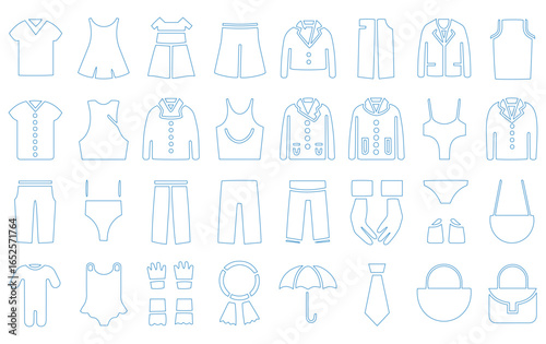 Line drawings of various clothing items and accessories on a white background, including shirts, dresses, shorts, suits, a tie, an umbrella, and bags.