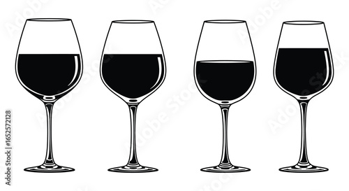 Four wine glasses filled with red wine in a row black and white