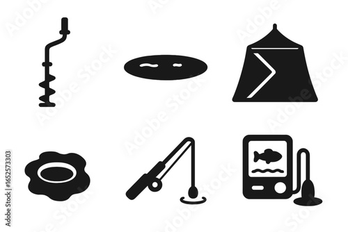 Ice fishing icons vector set. Solid filled symbols of ice auger, frozen lake, thermal tent, ice hole, small fishing rod, sonar fish flasher gadget. Winter outdoor equipment illustration