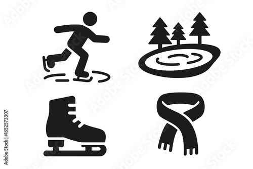 Solid filled ice skating icon set. Vector symbols of person skating, frozen winter lake, ice skates boot, warm scarf. Winter sports activity, outdoor recreation, cold weather essentials