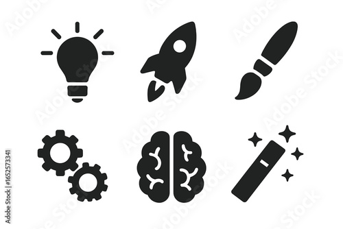 Solid innovation and creativity icon set. Light bulb idea, rocket launch, paintbrush art, gears engineering, brain intelligence, magic wand. Modern filled vector illustration design
