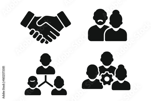 Business teamwork, partnership and collaboration icon set. Handshake, team structure, leadership, cooperation, corporate management, human resources, employee organization vector illustration