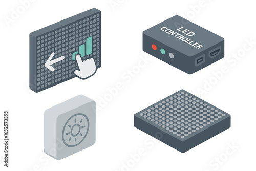 Isometric LED display icons set. Interactive LED wall panels, touch screen control, LED controller box, light sensor. Flat vector illustration for technology, electronics, digital interface