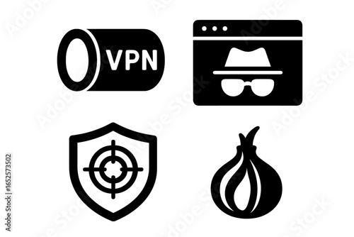 Cybersecurity icons set. VPN, anonymous browsing, incognito mode, secure protection, shield, target, Tor onion network, privacy, surveillance defense, internet safety, vector illustration isolated