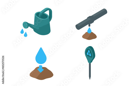 Isometric irrigation tools icons set, flat vector illustration of watering can, drip irrigation system, moisture sensor, soil watering, agriculture and gardening technology concepts