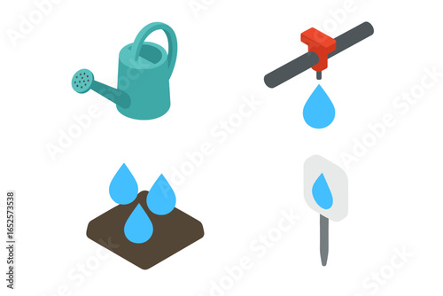 Isometric irrigation tools icon set with flat design watering can, drip irrigation tube, soil moisture sensor, water drops, modern agricultural watering equipment vector illustration