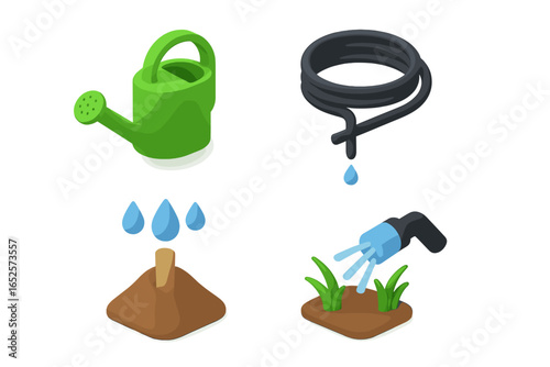 Isometric irrigation and watering tools vector set. Green watering can, coiled drip hose, faucet spraying grass, soil moisture droplets. Garden equipment icons, agricultural concept