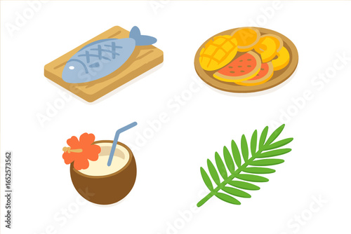 Tropical Island Cuisine Icon Set, Isometric Flat Vector Collection, Grilled Fish on Board, Exotic Fruit Platter, Coconut Drink with Flower, Green Palm Leaf, Summer Food Design